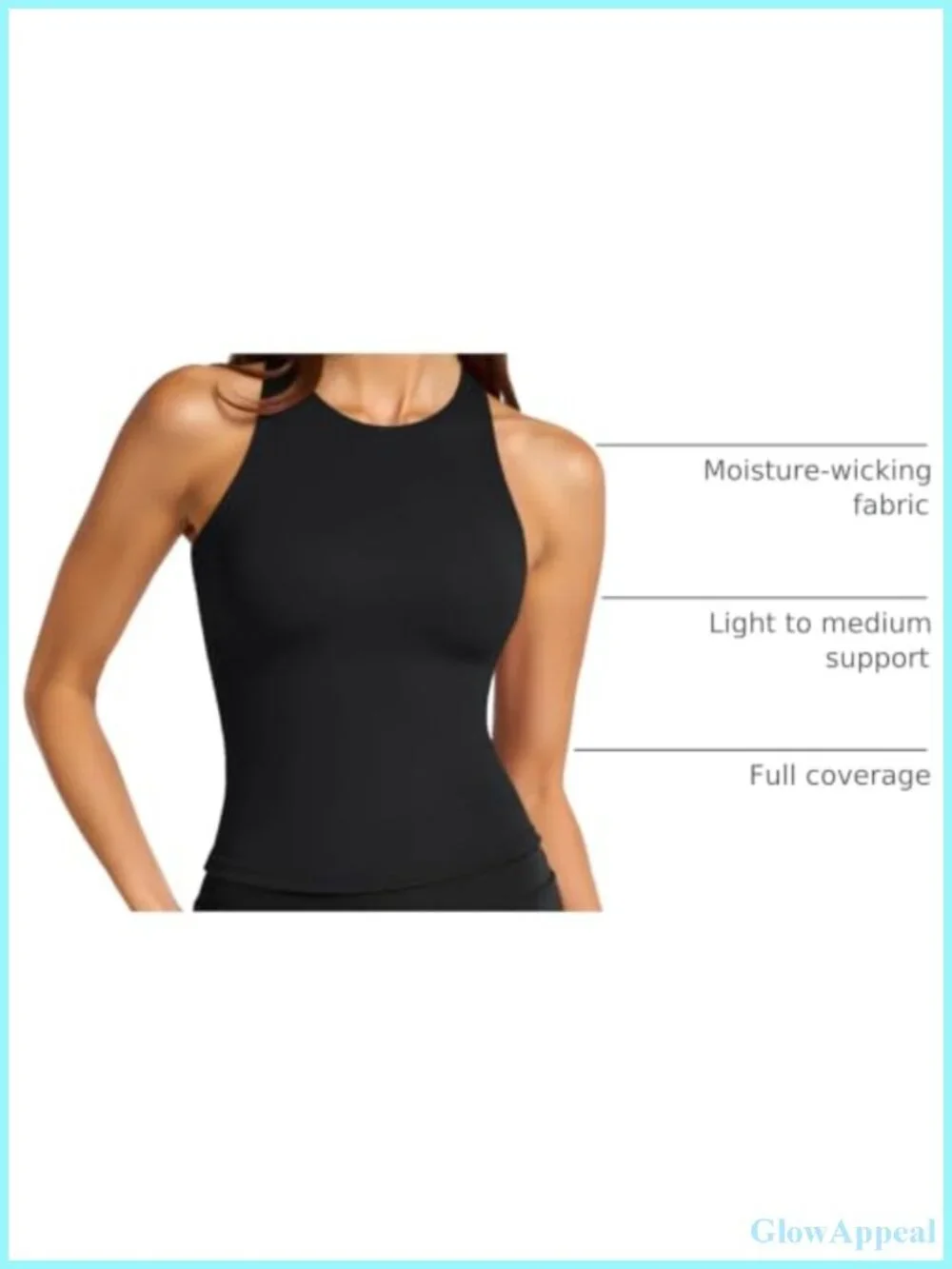 High Neck Tank Top with Built in Bra, Strappy Back, Removable Pads, Compression